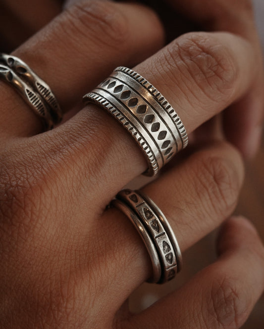 Karen Hill Tribe Silver Work , Ring handcrafted in Thailand by Taki . Job's Tear pattern. Sold in Hong Kong by certified.fingers. 香港選物手工銀飾